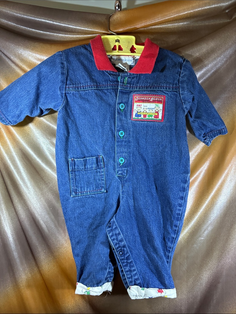 Vintage 80’s OshKosh B'gosh Denim Romper with Red Collar Bear patch 411